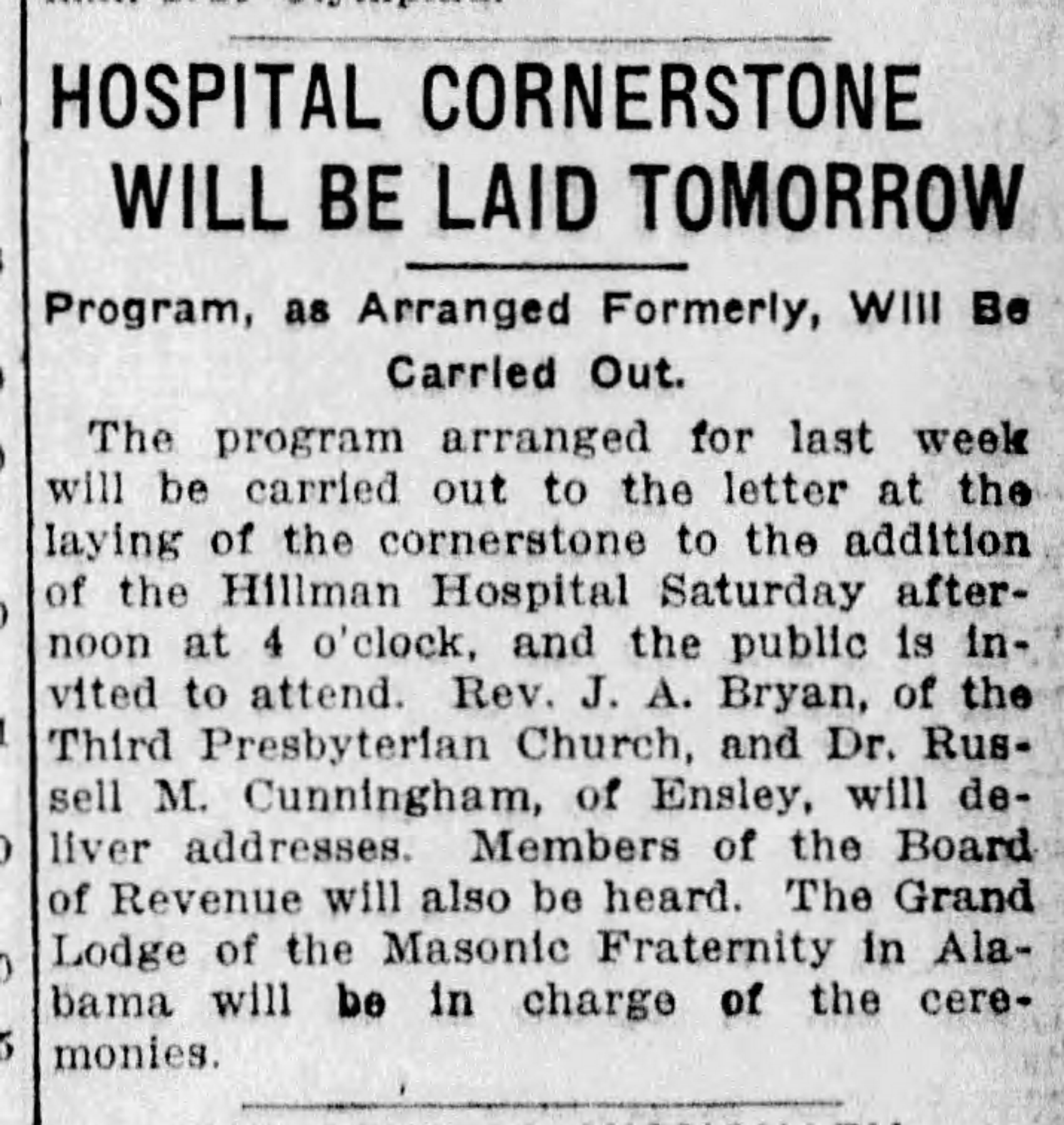 Hospital Cornerstone To Be Laid Tomorrow